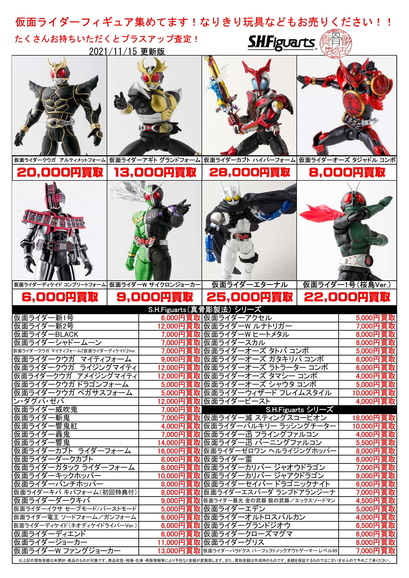 11/16☆仮面ライダーS.H.フィギュアーツの買取価格最新版です
